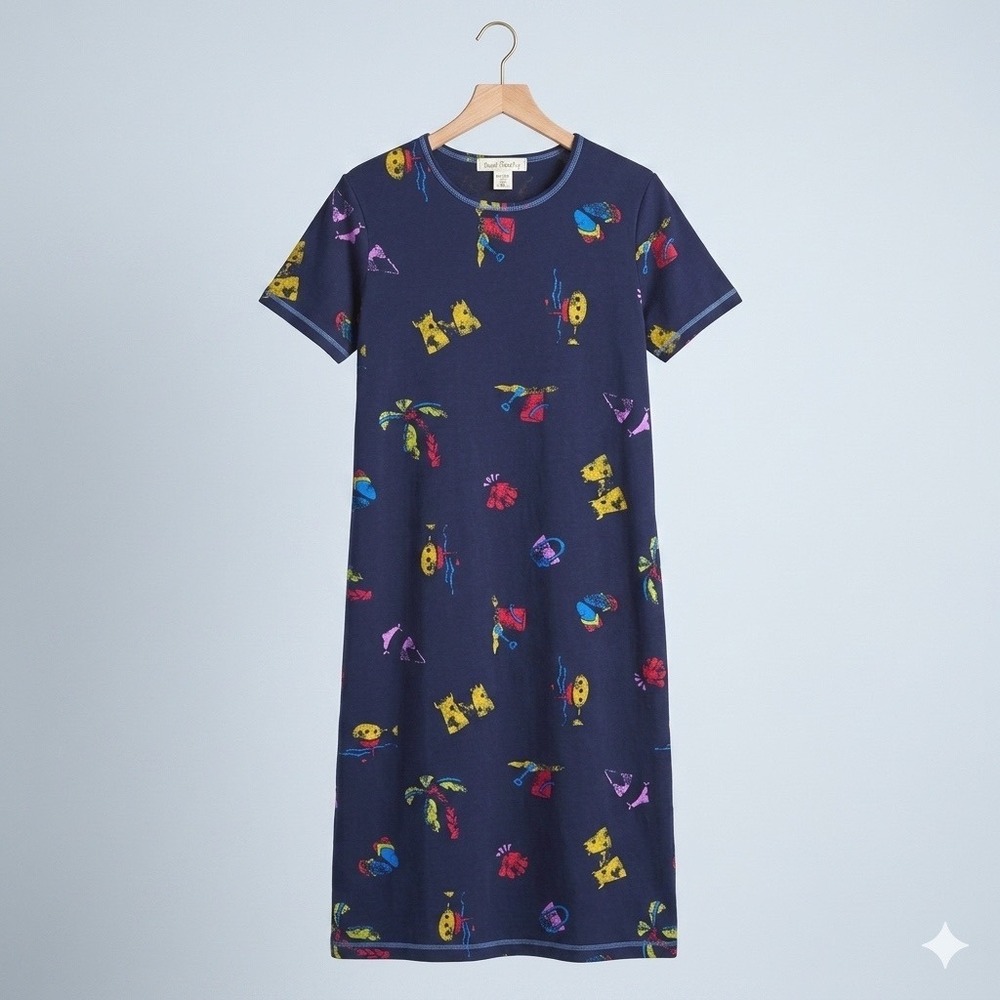 Vintage Sarah Bentley Womens Navy Beach Print Long T-Shirt Dress Size Small USA